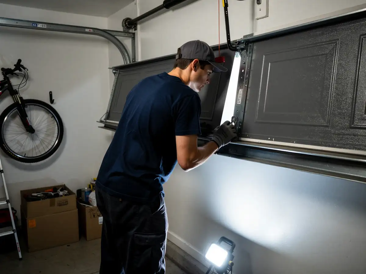 A technician in a cap and gloves works on a gray garage door.