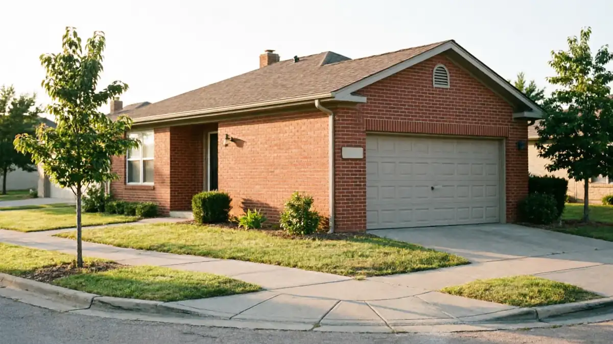 A red brick house with a beige garage door and green lawn.