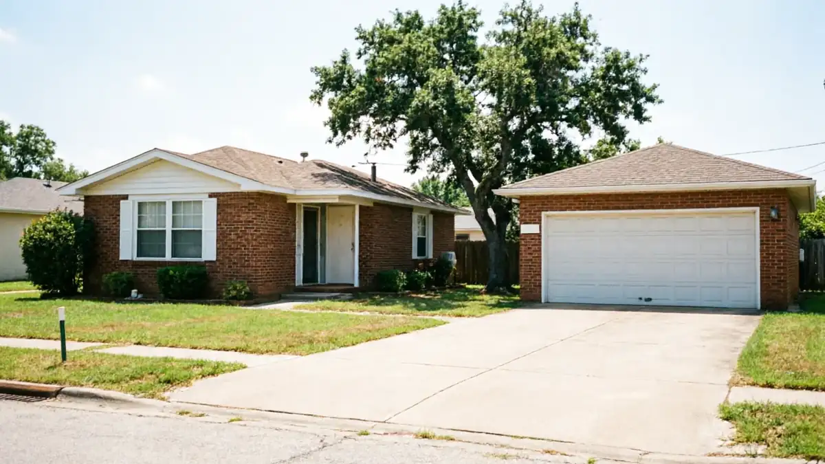 A brick house with a white garage door and a large tree in the yard.