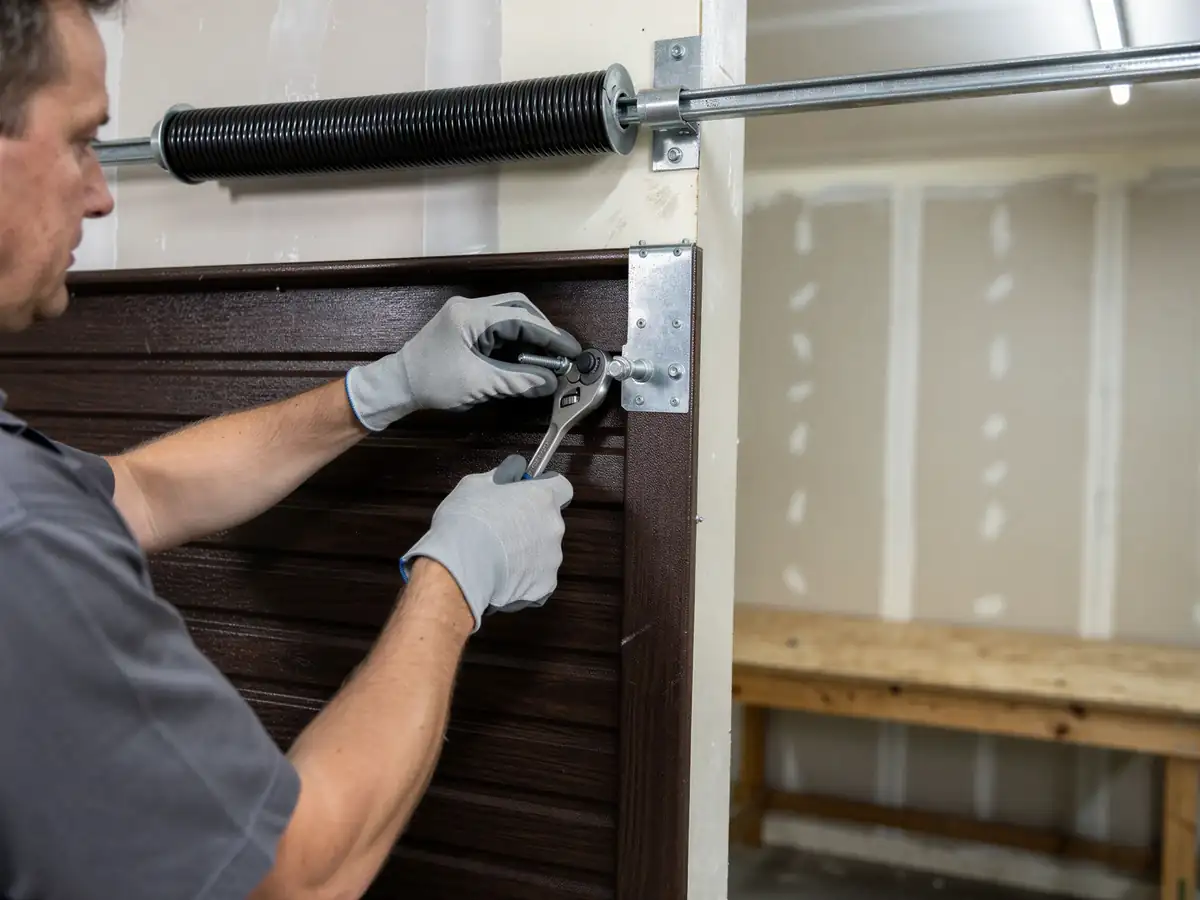A technician in gloves adjusts a brown garage door with a wrench.
