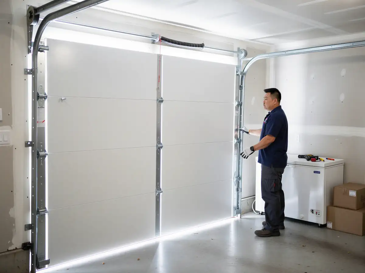 A technician in a blue shirt adjusts a white garage door.