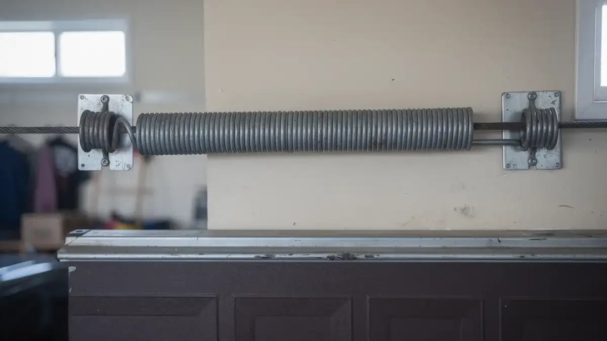 The extension spring is mounted on the wall above a brown garage door.